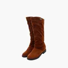 Brown Round-Toe, Slip-On : Knee High Boots for Women : Goda - 0313GoF