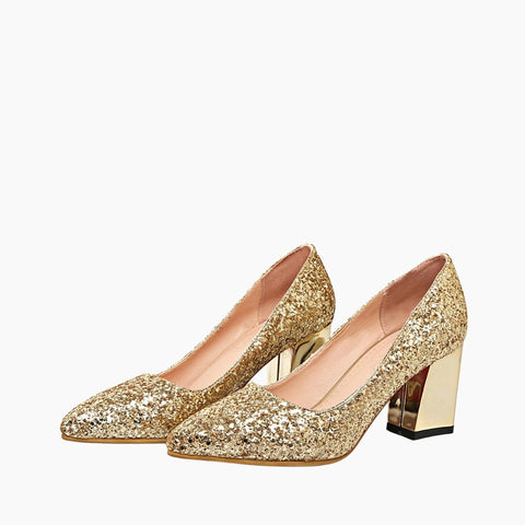 Gold Square Heel, Pointed Toe : Wedding Heels : Piari - 0125PiF