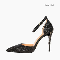Black Pointed Toe, Buckle Strap Wedding Heels : Piari - 0126PiF