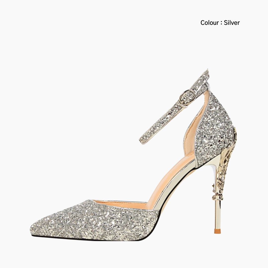 Silver Pointed Toe, Buckle Strap Wedding Heels : Piari - 0126PiF