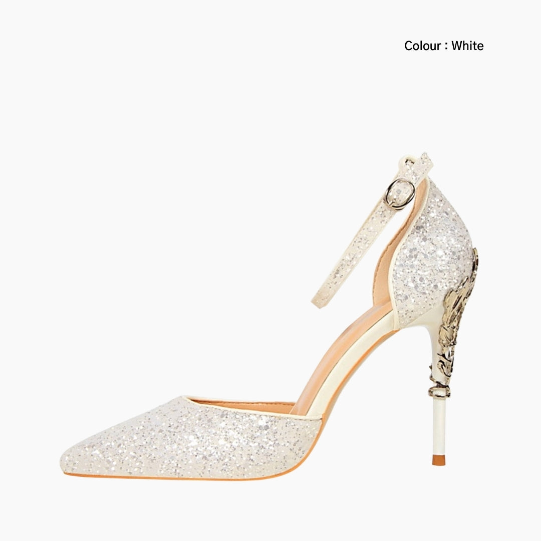 White Pointed Toe, Buckle Strap Wedding Heels : Piari - 0126PiF