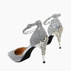 Silver Pointed Toe, Buckle Strap Wedding Heels : Piari - 0126PiF