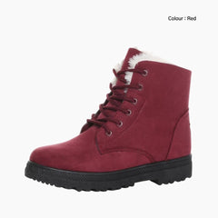 Red Lace-Up, Round Toe : Winter Boots for Women : Saradi - 0149SrF