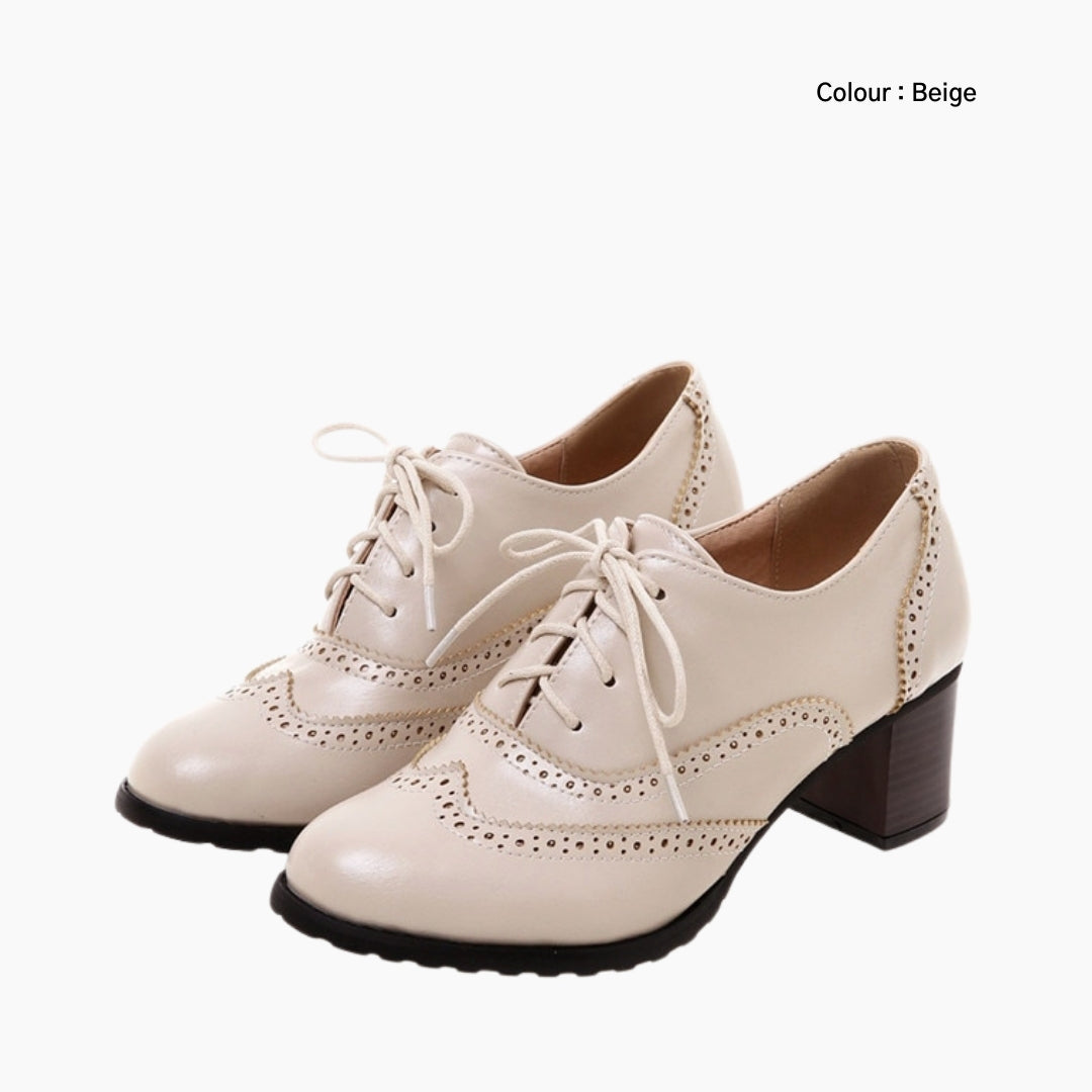Beige Square-Heel, Round-Toe: Brogue Shoes for Women : Namuna - 0155NmF