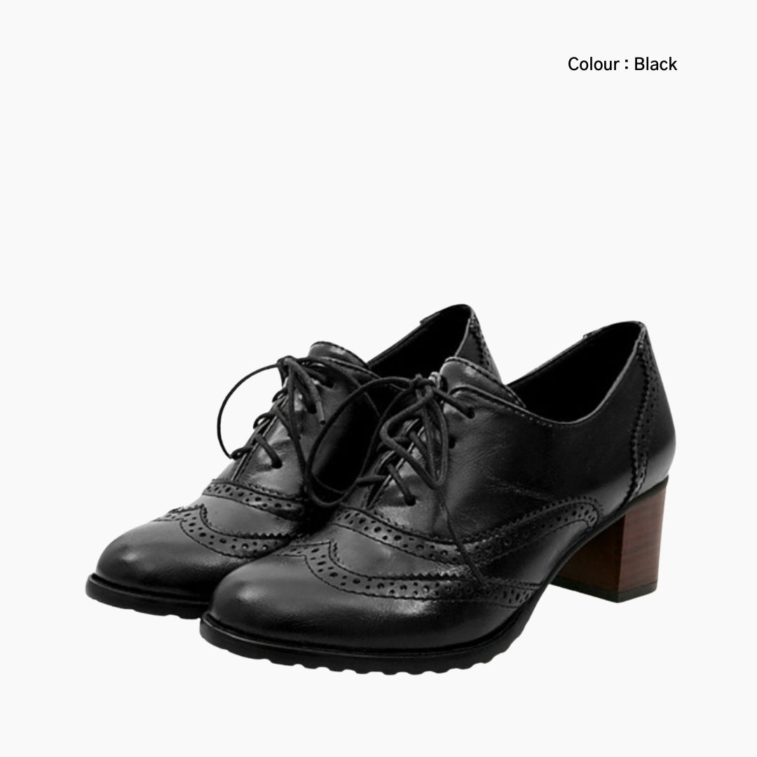 Black Square-Heel, Round-Toe: Brogue Shoes for Women : Namuna - 0155NmF