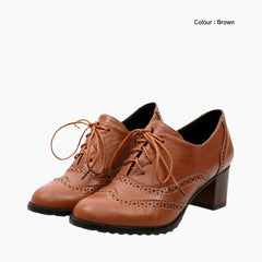 Brown Square-Heel, Round-Toe: Brogue Shoes for Women : Namuna - 0155NmF