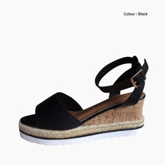 Black Wedges, Open Toe : Wedge Sandals for Women : Kalama - 0224KaF