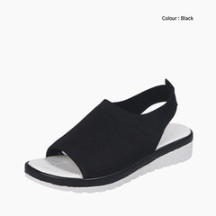 Black Wedges, Round Toe : Wedge Sandals for Women : Kalama - 0230KaF