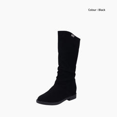 Black Round-Toe, Slip-On : Knee High Boots for Women : Goda - 0313GoF