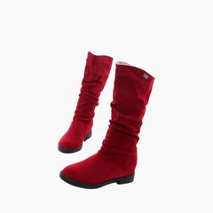 Red Round-Toe, Slip-On : Knee High Boots for Women : Goda - 0313GoF