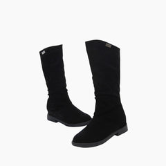 Black Round-Toe, Slip-On : Knee High Boots for Women : Goda - 0313GoF