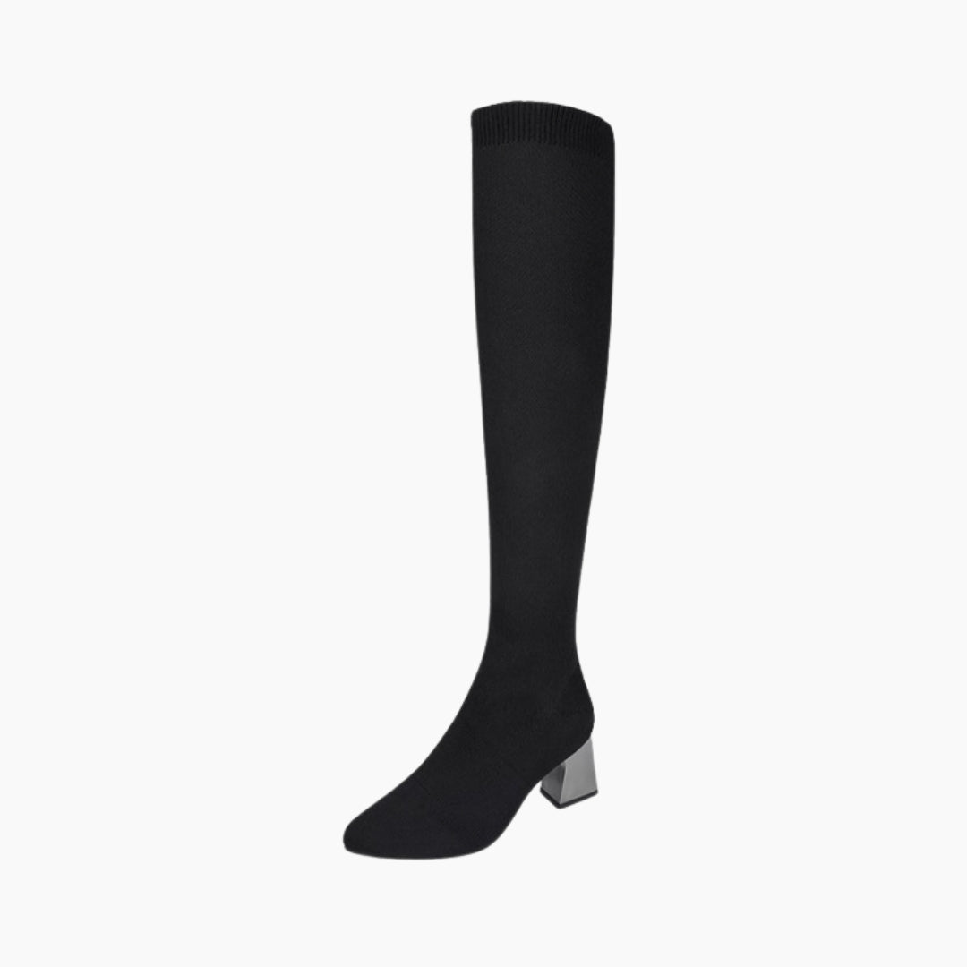 Black Slip-On, Square Heel : Knee High Boots for Women : Goda - 0316GoF