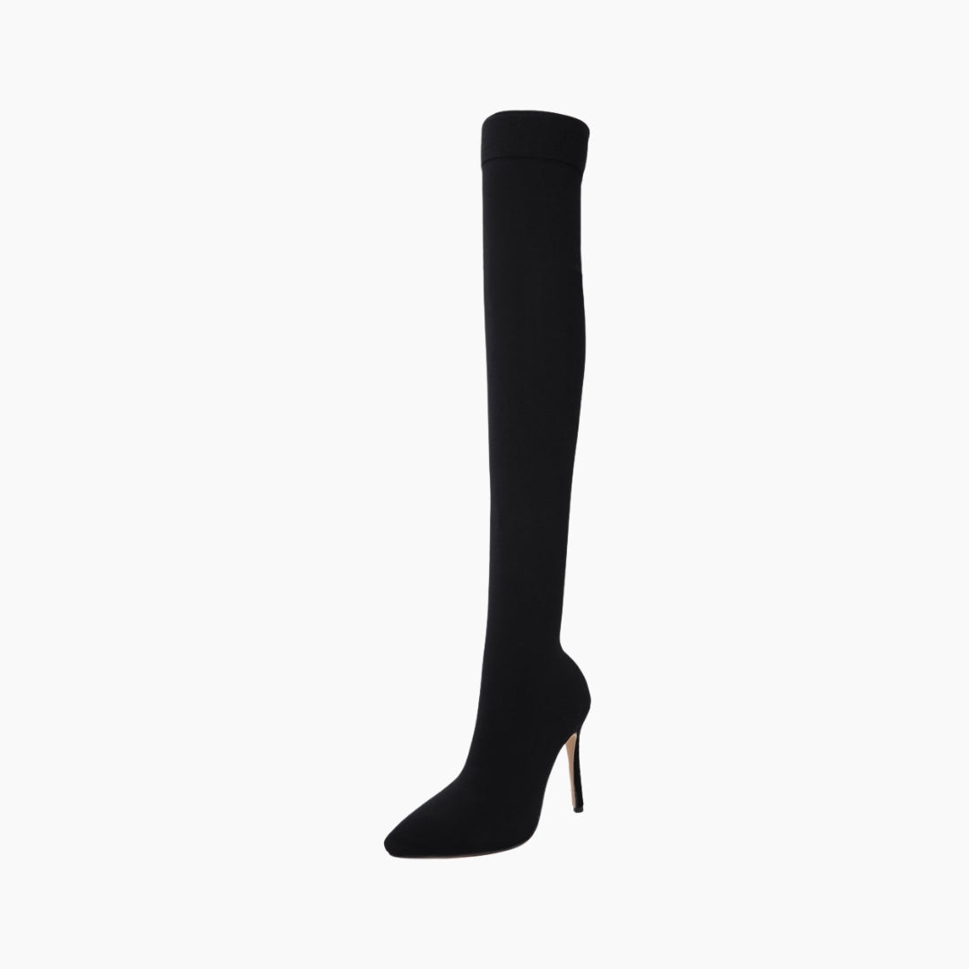 Black Pointed-toe, Slip-on : Knee High Boots for Women : Goda - 0317GoF
