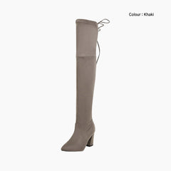 Khaki Lace-up, Pointed-Toe : Knee High Boots for Women : Goda - 0323GoF