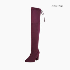 Purple Lace-up, Pointed-Toe : Knee High Boots for Women : Goda - 0323GoF
