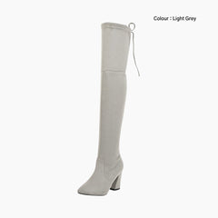 Light Grey Lace-up, Pointed-Toe : Knee High Boots for Women : Goda - 0323GoF