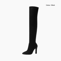 Black Slip-On, Pointed-Toe : Knee High Boots for Women : Goda - 0325GoF