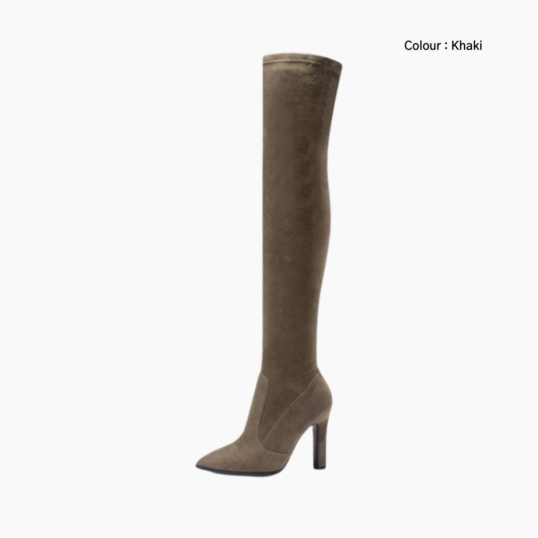 Khaki Slip-On, Pointed-Toe : Knee High Boots for Women : Goda - 0325GoF