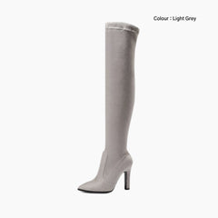 Light Grey Slip-On, Pointed-Toe : Knee High Boots for Women : Goda - 0325GoF