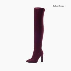 Purple Slip-On, Pointed-Toe : Knee High Boots for Women : Goda - 0325GoF