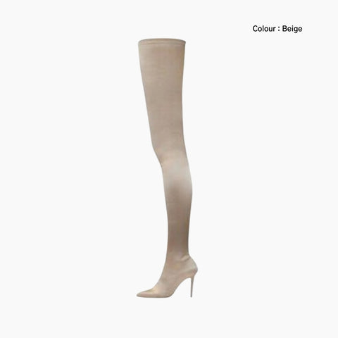 Beige Pointed Toe, Slip-On : Knee High Boots for Women : Goda - 0327GoF