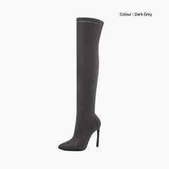 Dark grey Slip-On, Pointed-Toe : Knee High Boots for Women : Goda - 0328GoF