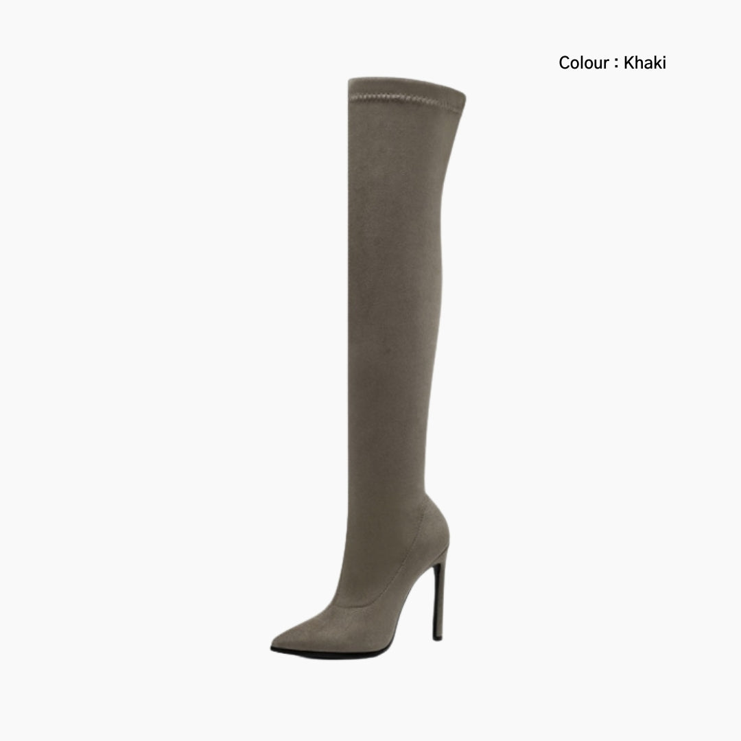 Khaki Slip-On, Pointed-Toe : Knee High Boots for Women : Goda - 0328GoF