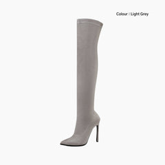 Light Grey Slip-On, Pointed-Toe : Knee High Boots for Women : Goda - 0328GoF