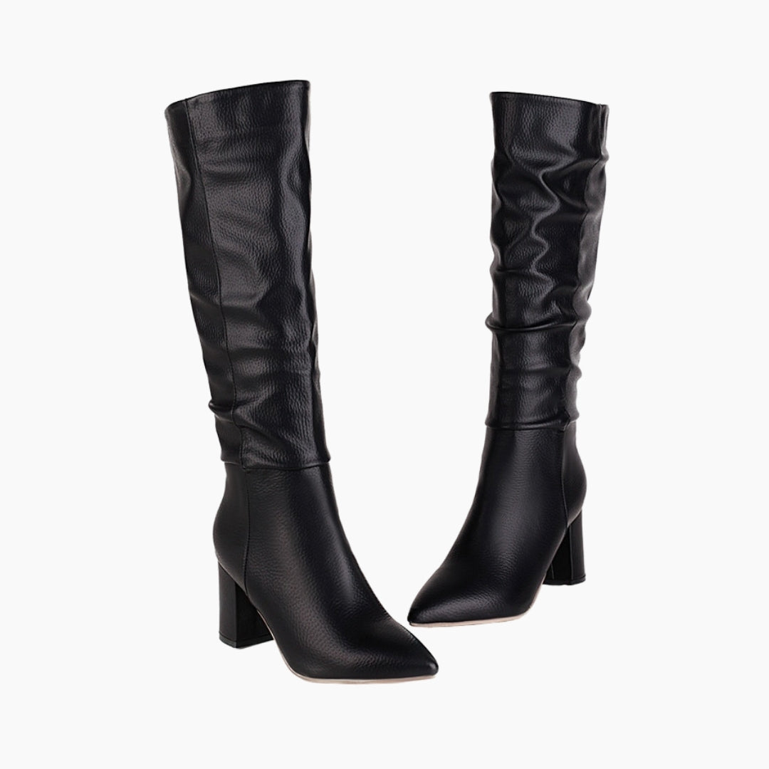 Black Pointed Toe, Square Heel : Knee High Boots for Women : Goda - 0330GoF