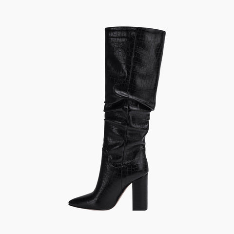 Black Square Heel, Pointed-Toe : Knee High Boots for Women : Goda - 0334GoF