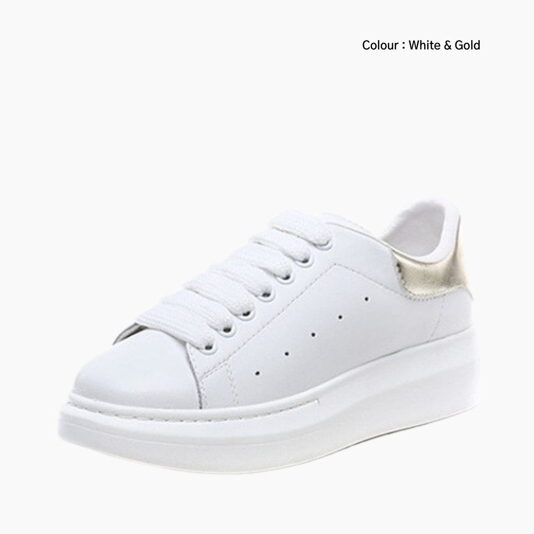 White & Gold Lace-Up, Round-Toe : Sneakers for Women : Javaana- 0370JaF