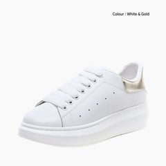 White & Gold Lace-Up, Round-Toe : Sneakers for Women : Javaana- 0370JaF