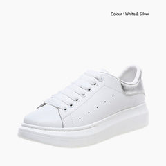 White & Silver Lace-Up, Round-Toe : Sneakers for Women : Javaana- 0370JaF