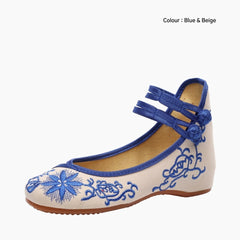 Blue & Beige Buckle Strap, Embroidery Shoes : Ballet Flats : Hoora - 0502HoF