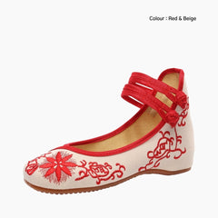 Red & Beige Buckle Strap, Embroidery Shoes : Ballet Flats : Hoora - 0502HoF