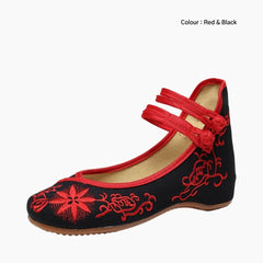 Red & Black Buckle Strap, Embroidery Shoes : Ballet Flats : Hoora - 0502HoF