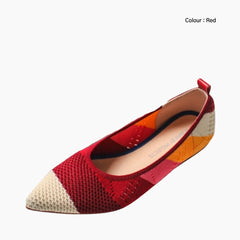 Red Pointed-Toe, Patchwork Pattern : Ballet Flats : Hoora - 0503HoF