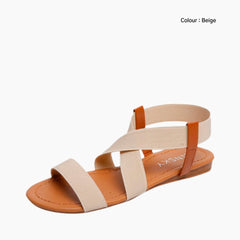 Beige Ankle Strap Sandal, Elastic Band Closure : Flat Sandals for Women : Nuu - 0537NuF