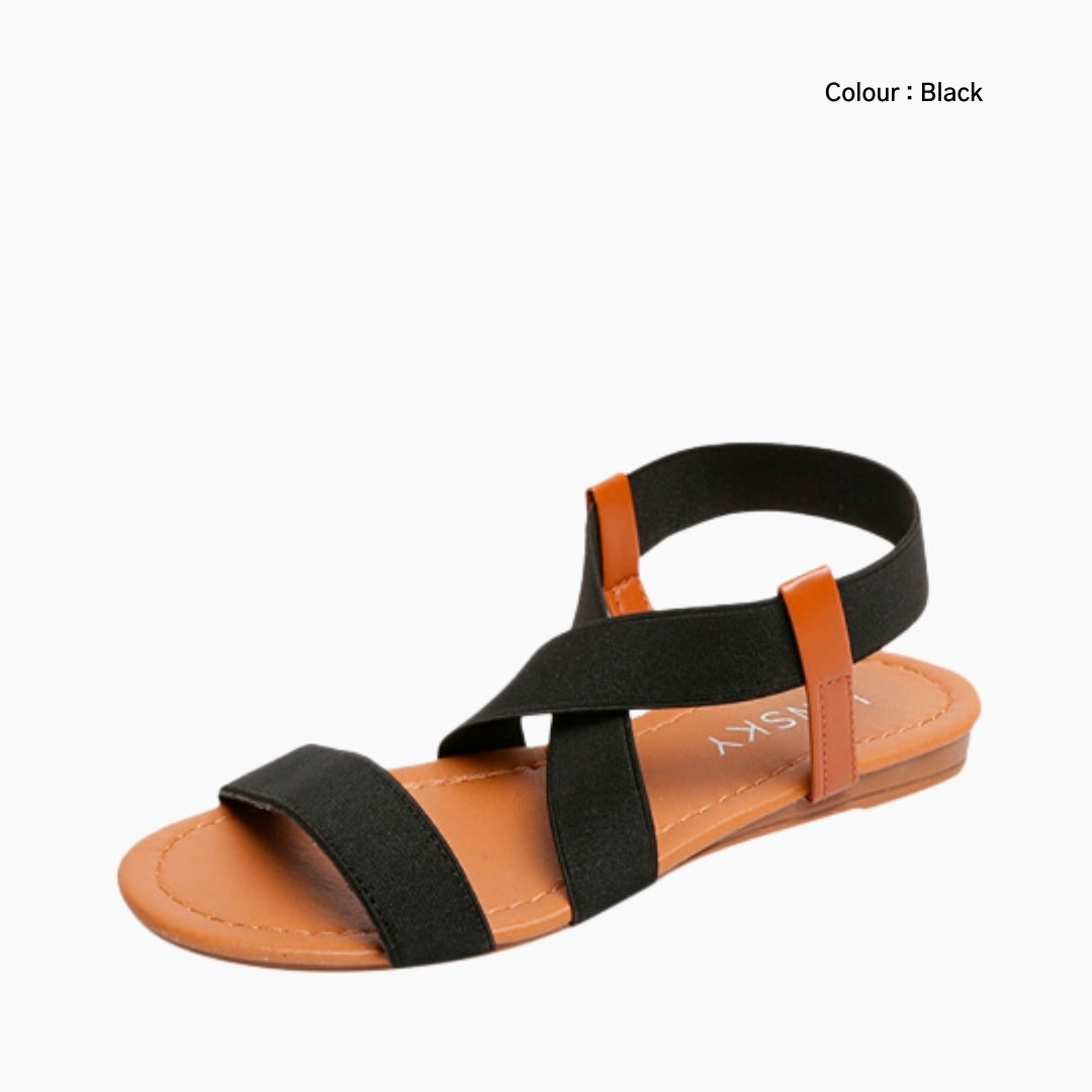 Black Ankle Strap Sandal, Elastic Band Closure : Flat Sandals for Women : Nuu - 0537NuF