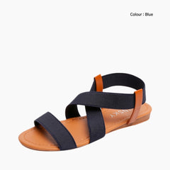 Blue Ankle Strap Sandal, Elastic Band Closure : Flat Sandals for Women : Nuu - 0537NuF