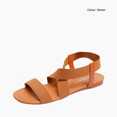 Brown Ankle Strap Sandal, Elastic Band Closure : Flat Sandals for Women : Nuu - 0537NuF