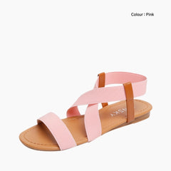 Pink Ankle Strap Sandal, Elastic Band Closure : Flat Sandals for Women : Nuu - 0537NuF