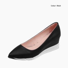 Black Wedges, Pointed-Toe : Comfortable Heels : Saukhe - 0595SkF