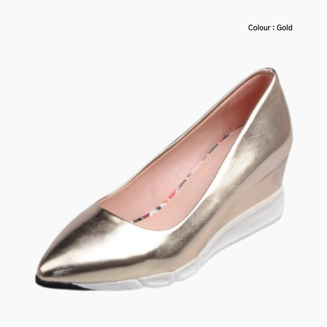 Gold Wedges, Pointed-Toe : Comfortable Heels : Saukhe - 0595SkF
