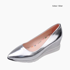 Silver Wedges, Pointed-Toe : Comfortable Heels : Saukhe - 0595SkF