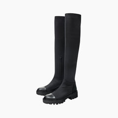 Black Round-Toe, Square Heel : Knee High Boots for Women : Goda - 0326GoF